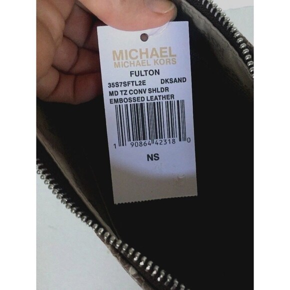 New Michael Kors Fulton Medium Top Zip Shoulder bag Embossed Leather Dark Sand - Picture 7 of 11